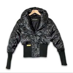 VINTAGE Y2K ROCAWEAR Black Shawl Collar Cropped Quilted Down Puffer Coat Size M